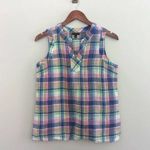 Talbots Linen Plaid Pastel Vneck Blouse Sleeveless Small Petite